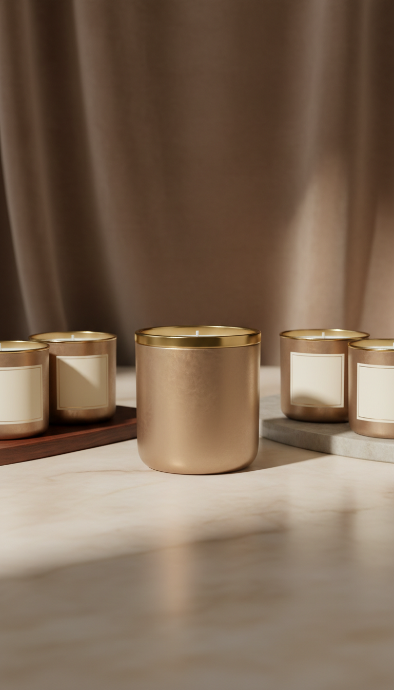 Seasonal candle in bronzed beige vessel